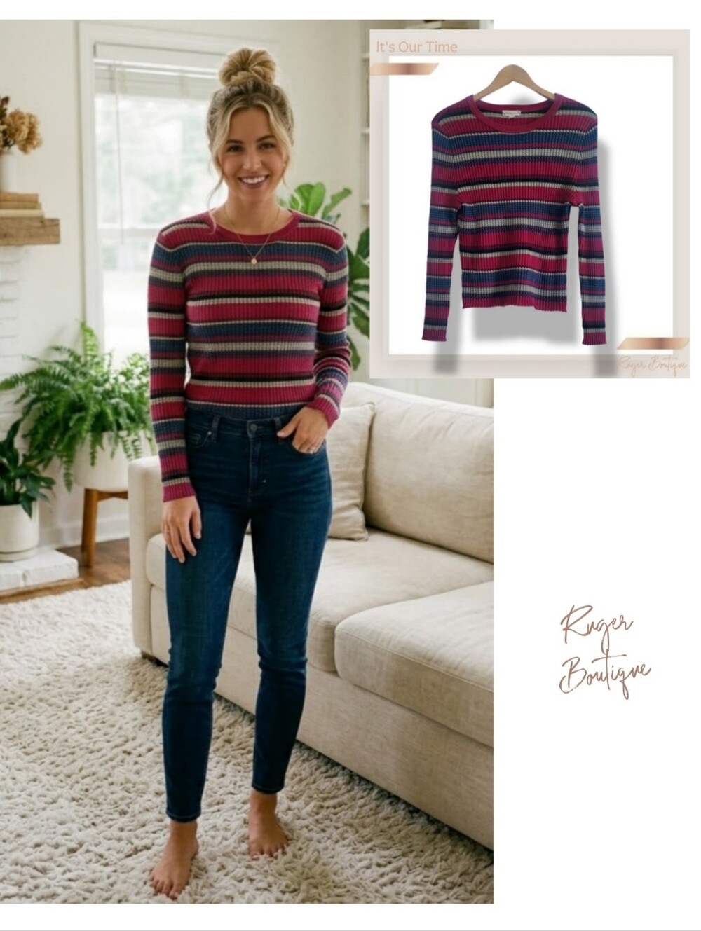 🌿"It's Our Time" Women's Multicolor Striped Rib-Knit Sweater Size Med-XXL 1Size